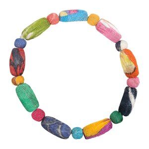 Fair Trade Long and Round Bead Bracelet Upcycled Kantha Fabric Boho Handmade NWT